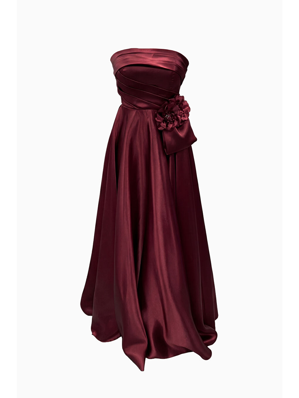 Kadın Bordo Straplez Yaka Çiçek Detaylı Uzun Söz Nişan Nikah Abiye-6