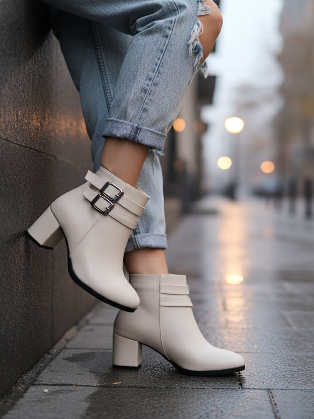 Kadın Hermina Çift Tokalı Bej Cilt Kısa Bot-1