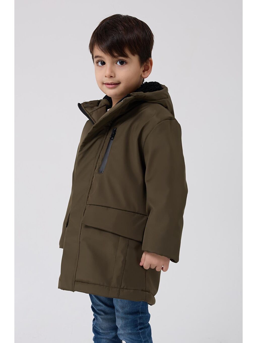 Haki Erkek Çocuk Kürklü Su Ve Rüzgar Geçirmez Kapüşonlu 3 Kışlık Mont & Kaban & Parka-1