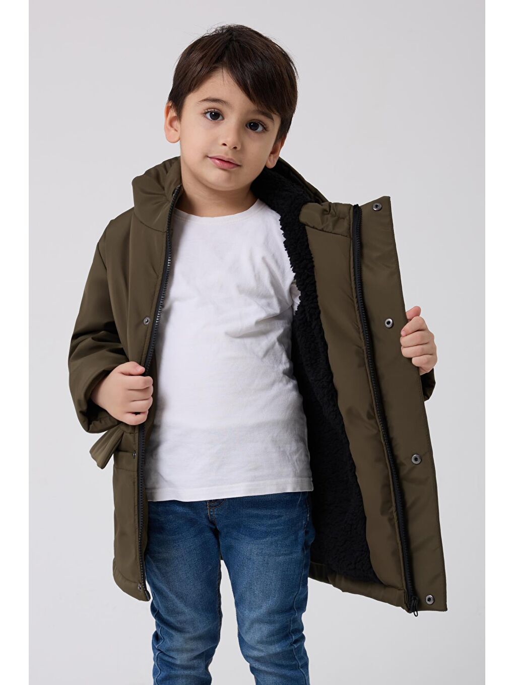 Haki Erkek Çocuk Kürklü Su Ve Rüzgar Geçirmez Kapüşonlu 3 Kışlık Mont & Kaban & Parka-2