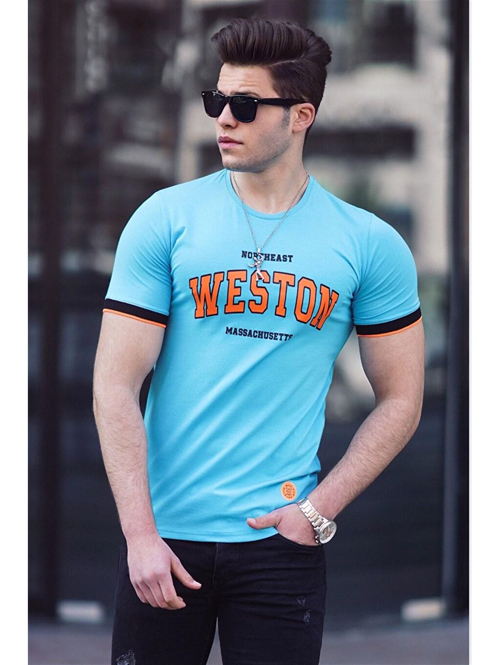Baskılı Turkuaz Erkek Tişört 4593-1