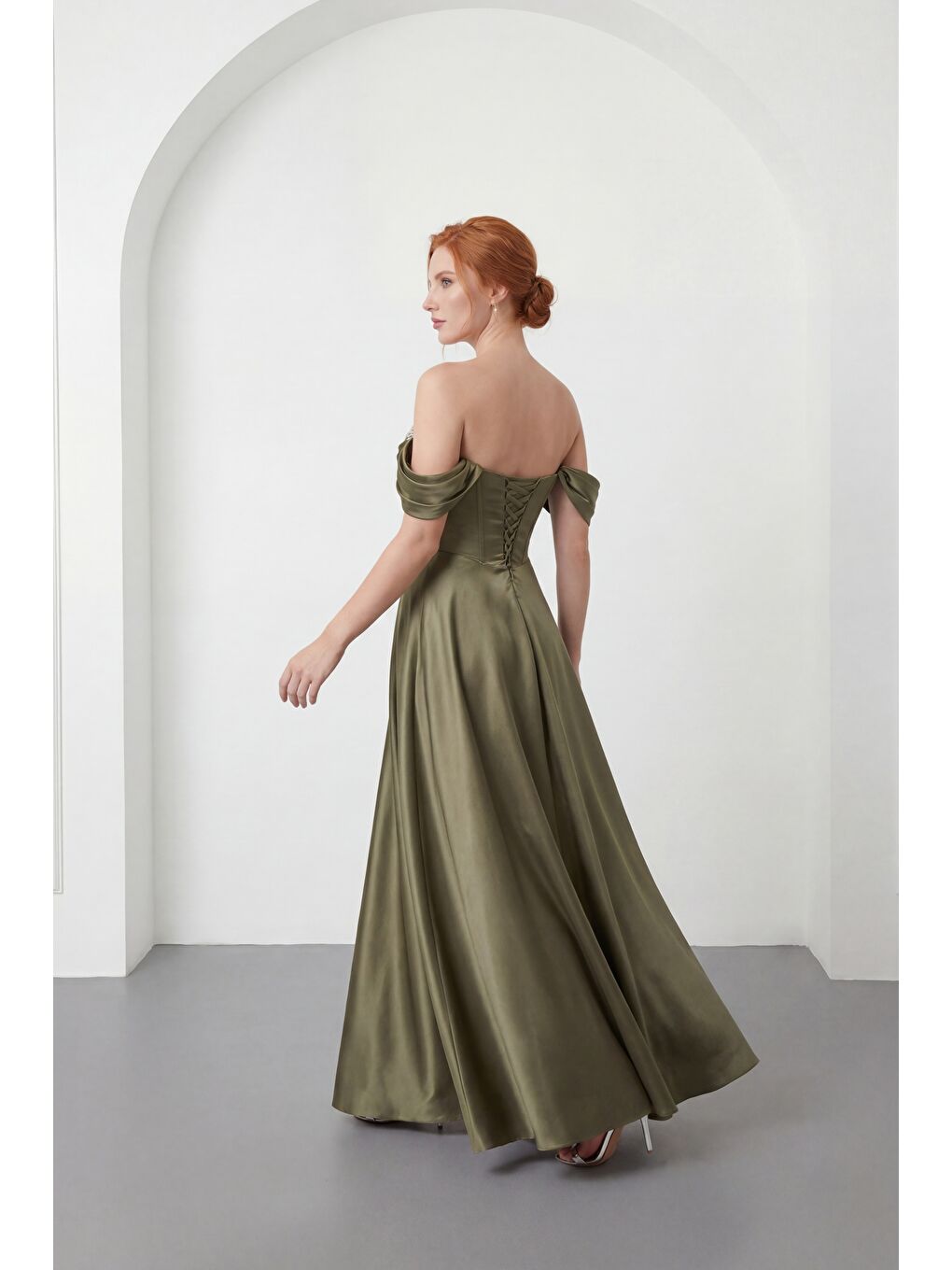 Kadın Haki Kayık Yaka Taşlı Uzun Söz Nişan Nikah Abiye Elbise-5