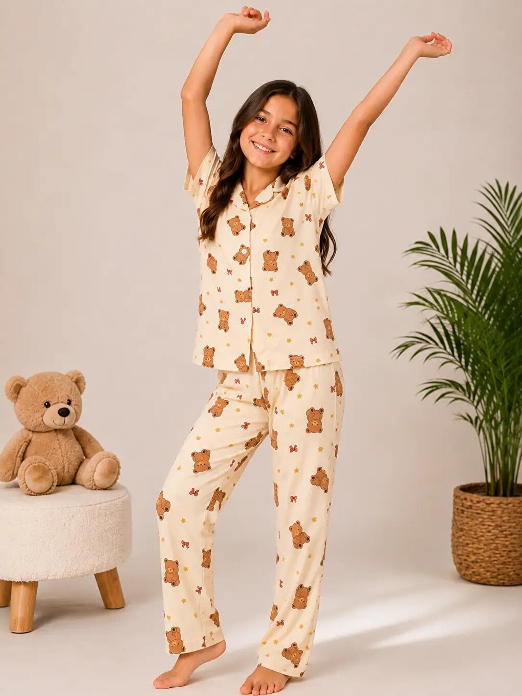 Ekru Desenli Kız Çocuk Pijama Takımı 9928-2