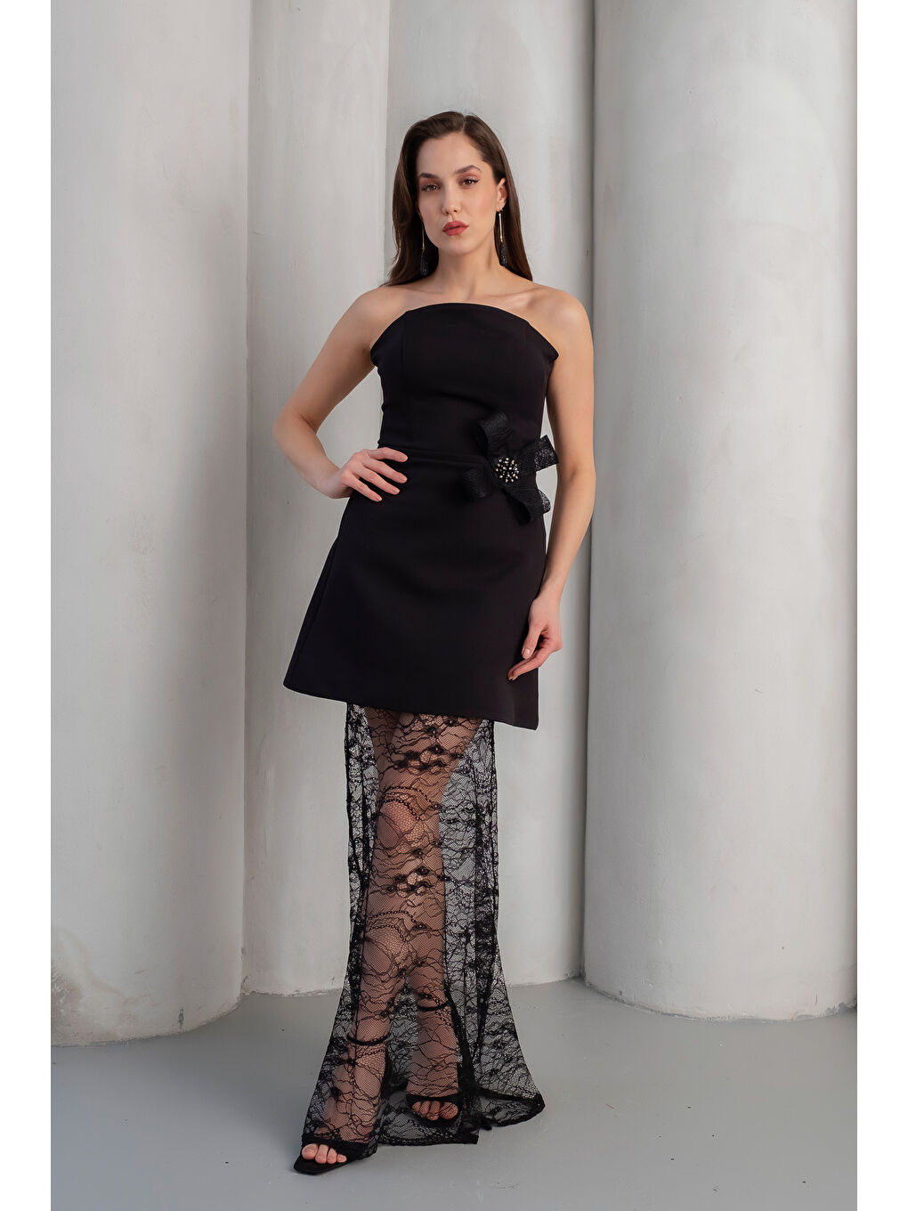 Kadın Siyah Dantel Detaylı Nikah After Party Abiye Elbise