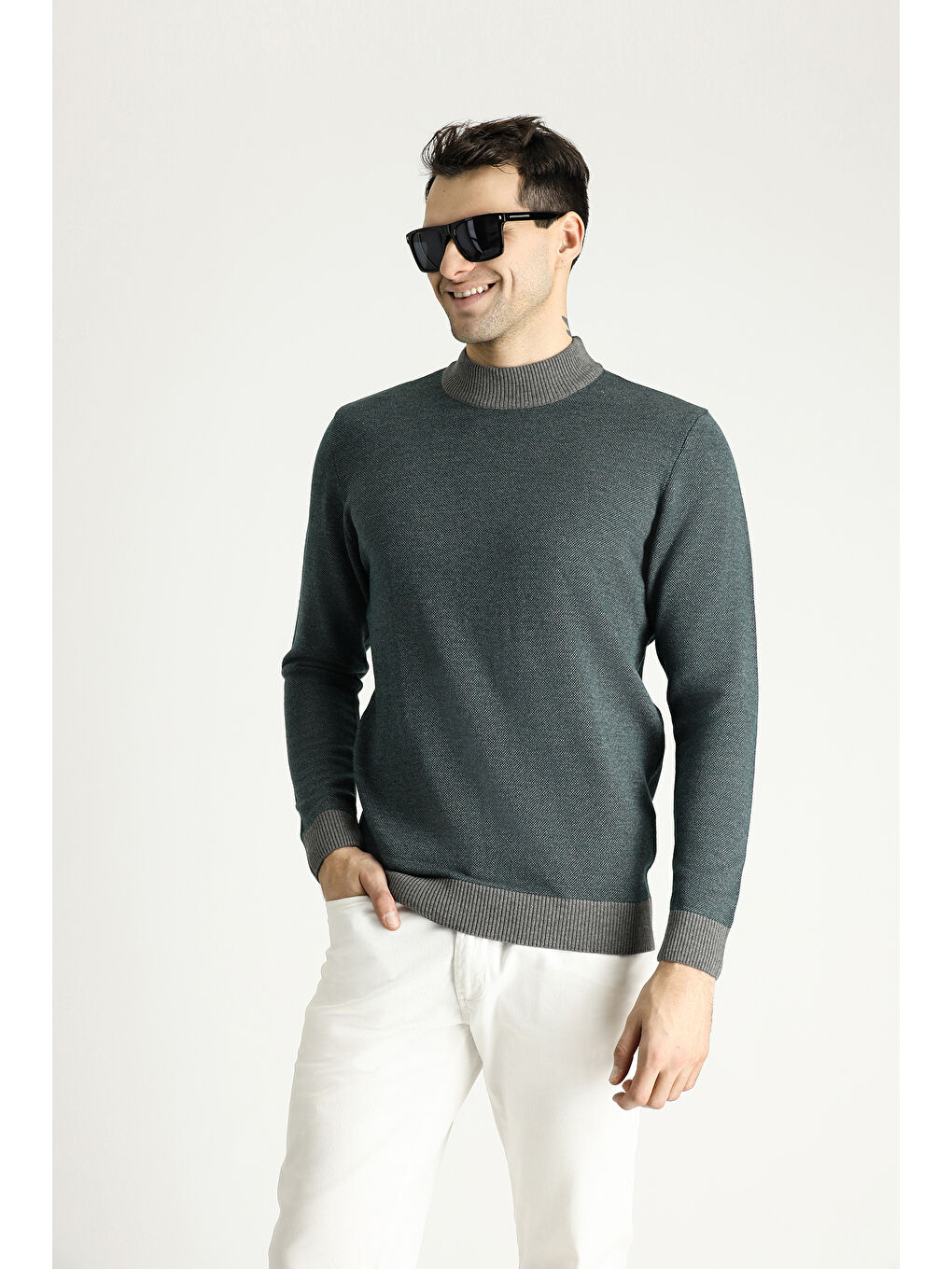 Gri Bato Yaka Slim Fit Dar Kesim Desenli Triko Kazak