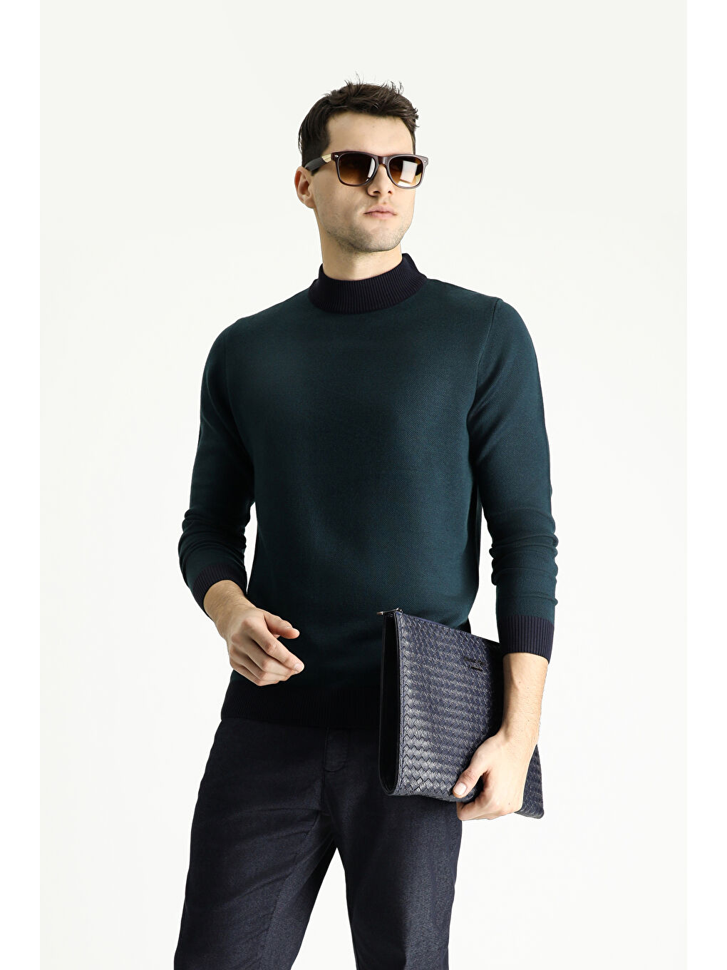 Lacivert Bato Yaka Slim Fit Dar Kesim Desenli Triko Kazak