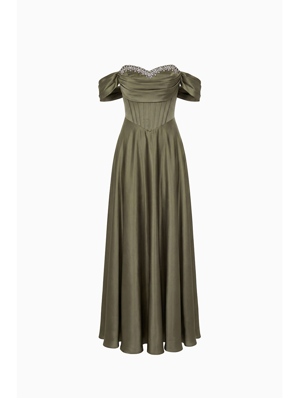 Kadın Haki Kayık Yaka Taşlı Uzun Söz Nişan Nikah Abiye Elbise-6