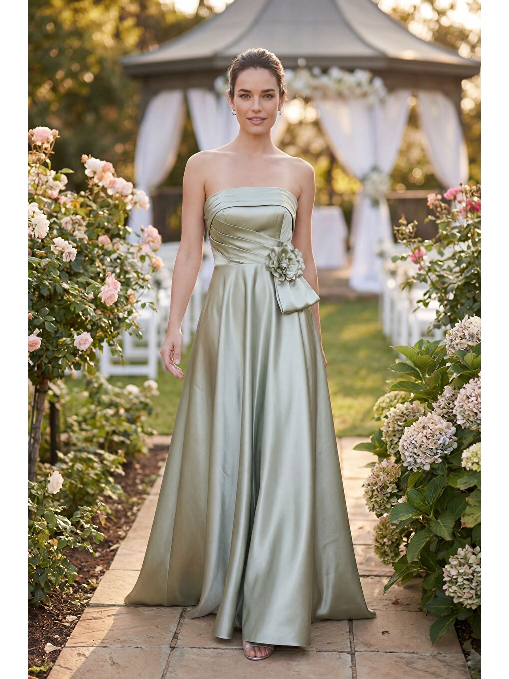 Kadın Mint Yeşili Straplez Yaka Çiçek Detaylı Uzun Söz Nişan Nikah Abiye-4