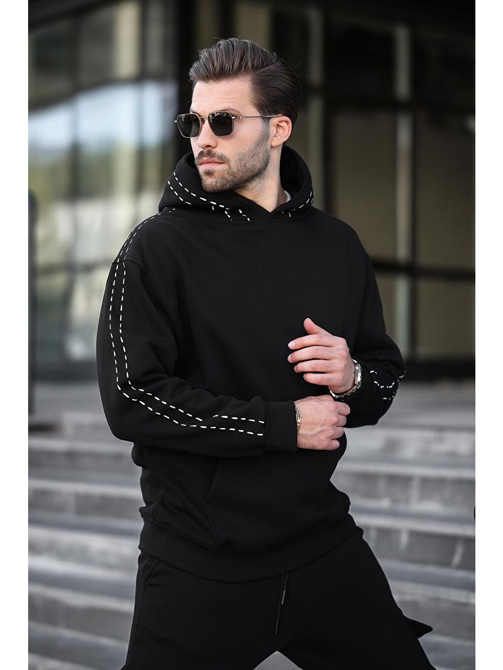 Siyah Erkek Kapüşonlu Paçası Lastikli Eşofman Takımı 5957-1