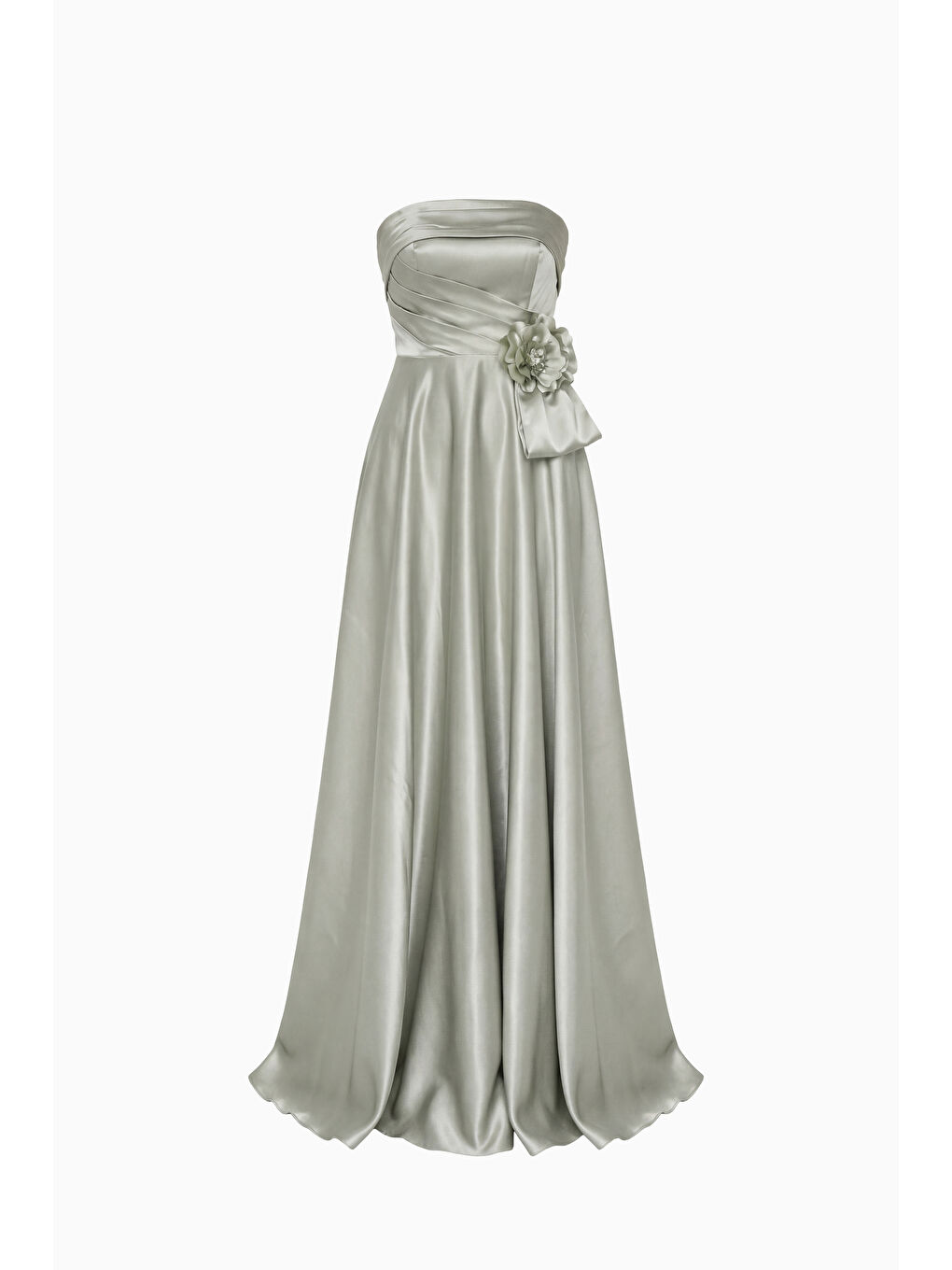 Kadın Mint Yeşili Straplez Yaka Çiçek Detaylı Uzun Söz Nişan Nikah Abiye-6