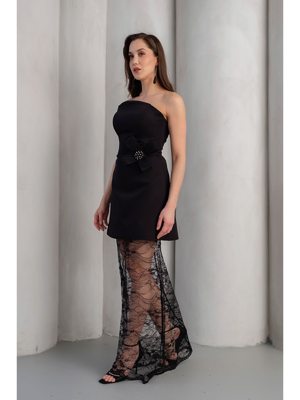 Kadın Siyah Dantel Detaylı Nikah After Party Abiye Elbise-1