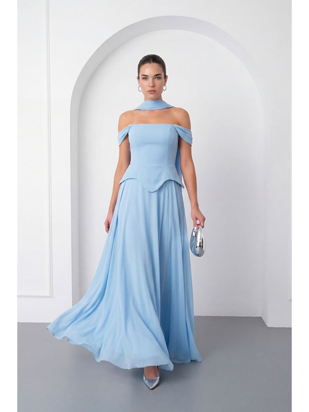 Kadın Bebe Mavi Dar Kalıp Şal Yaka Straplez Söz Nişan Abiye Elbise