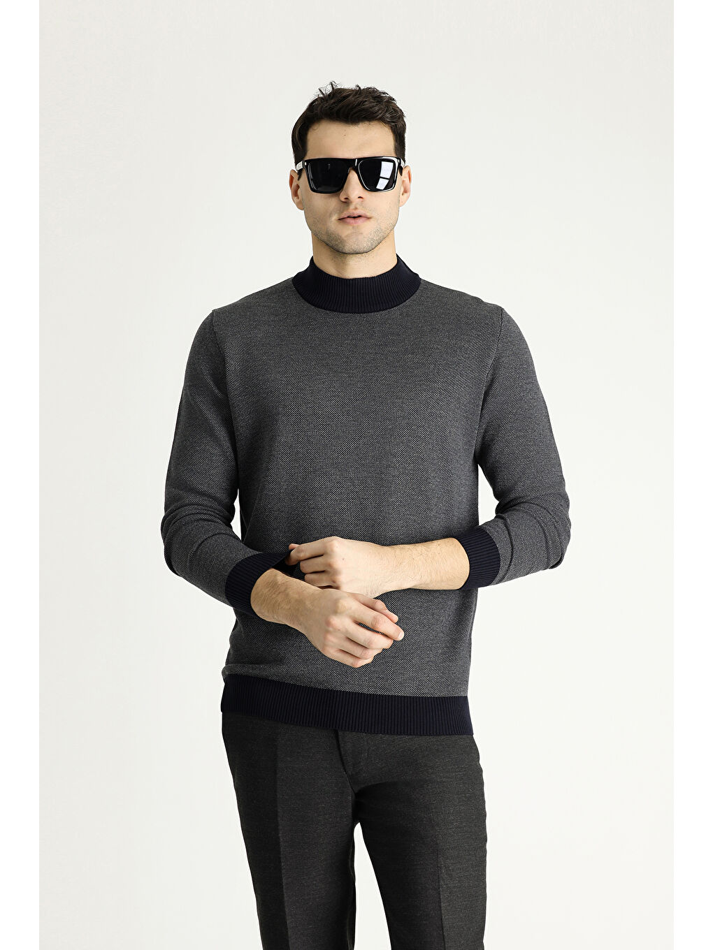 Lacivert Bato Yaka Slim Fit Dar Kesim Desenli Triko Kazak