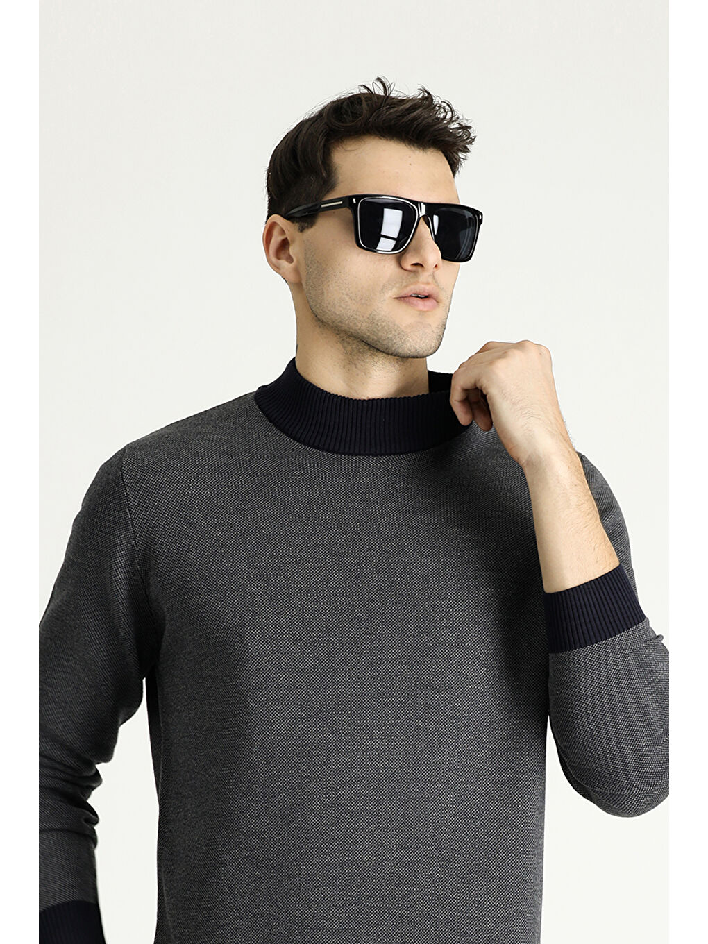 Lacivert Bato Yaka Slim Fit Dar Kesim Desenli Triko Kazak-1