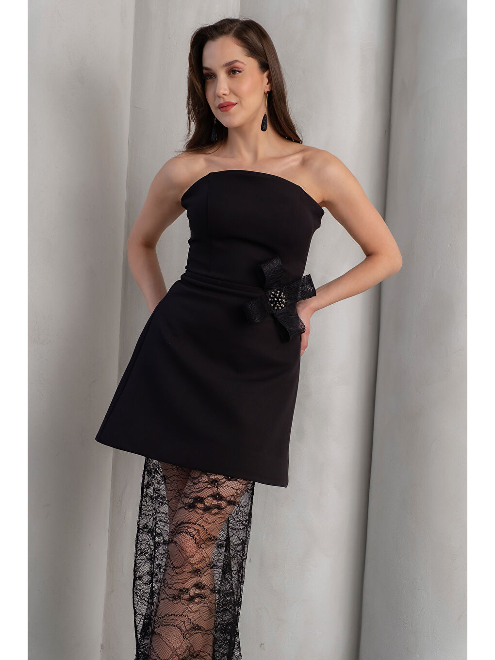 Kadın Siyah Dantel Detaylı Nikah After Party Abiye Elbise-2