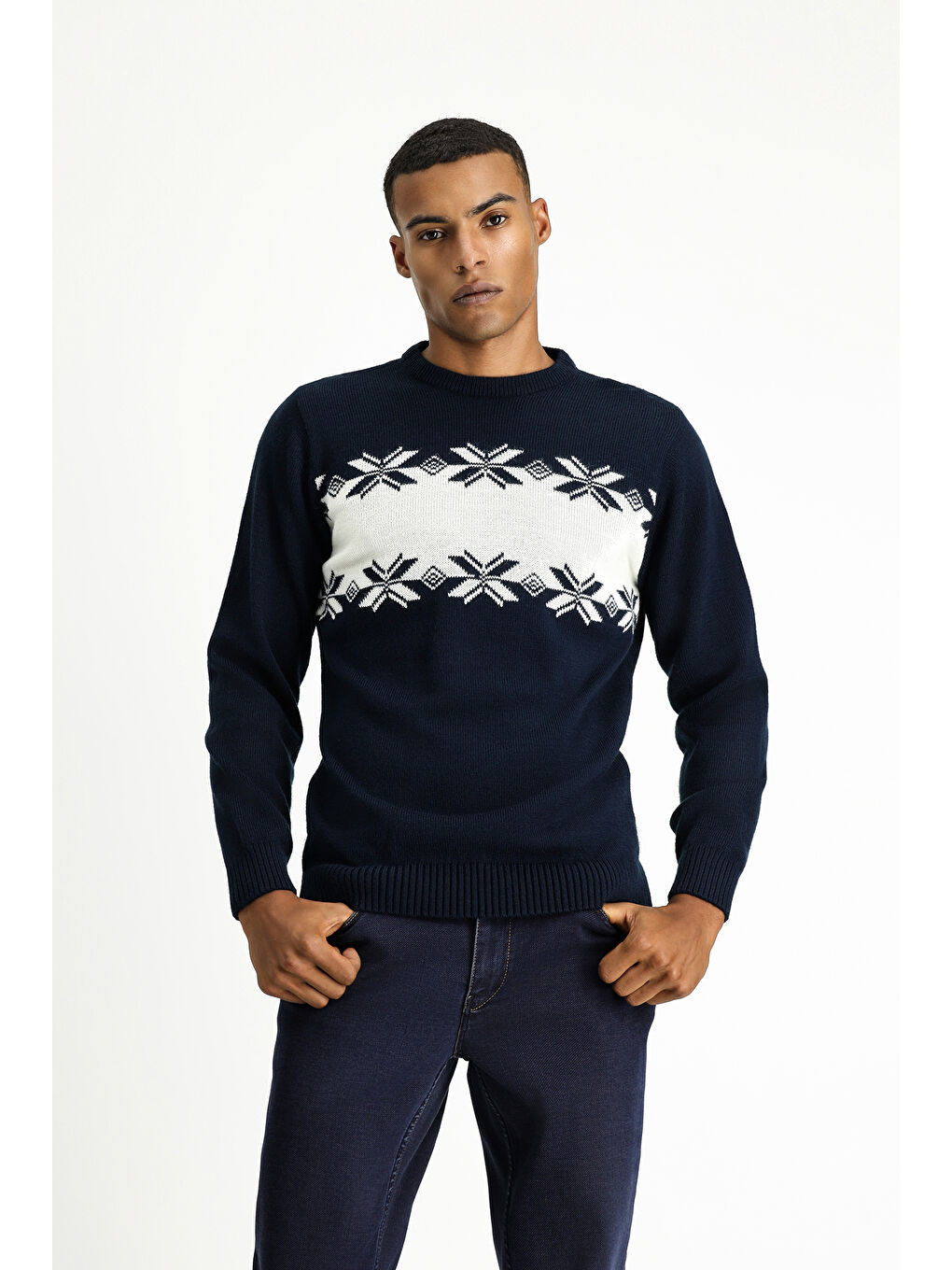 Lacivert Bisiklet Yaka Regular Fit Desenli Triko Kazak