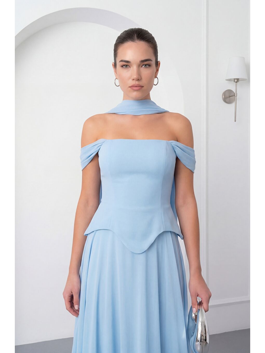 Kadın Bebe Mavi Dar Kalıp Şal Yaka Straplez Söz Nişan Abiye Elbise-2