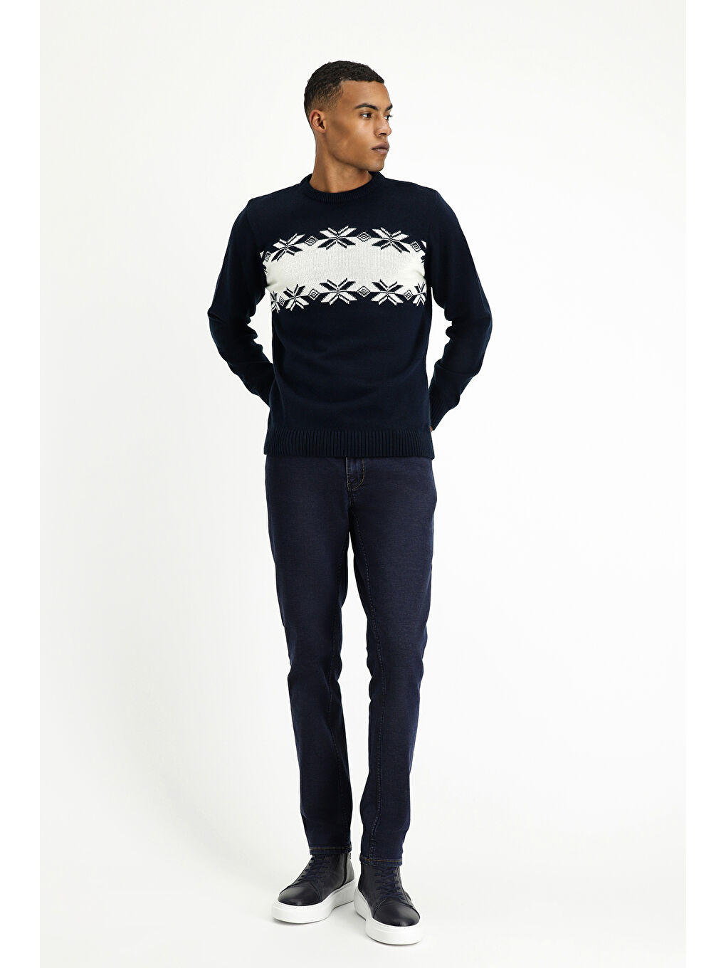 Lacivert Bisiklet Yaka Regular Fit Desenli Triko Kazak-1