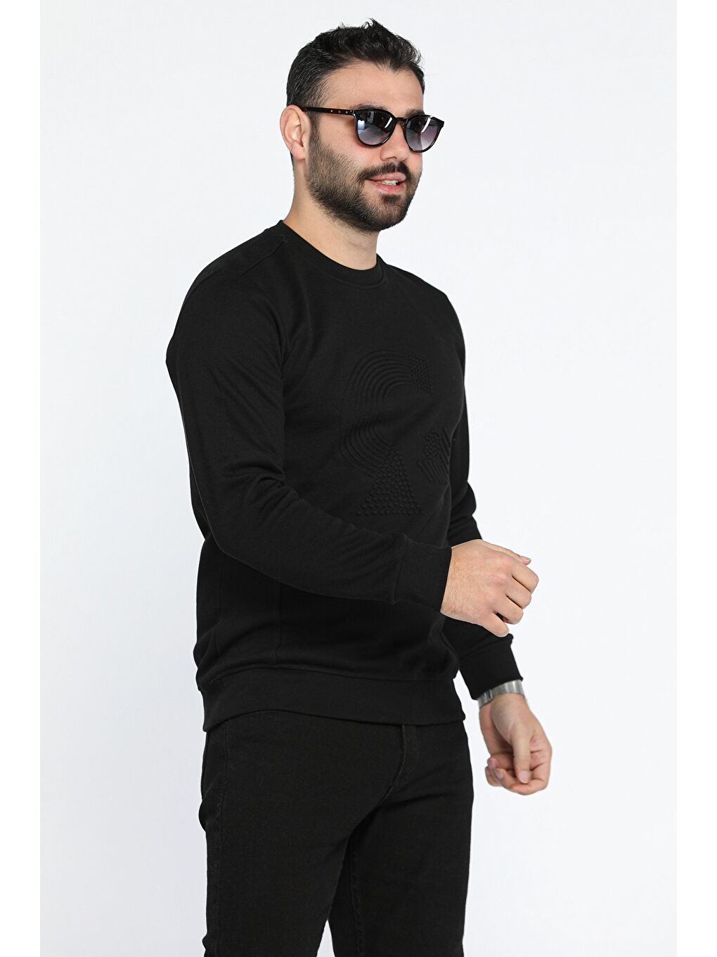 Mishar İtalia Siyah Bisiklet Yaka Kabartmalı Erkek Sweatshirt