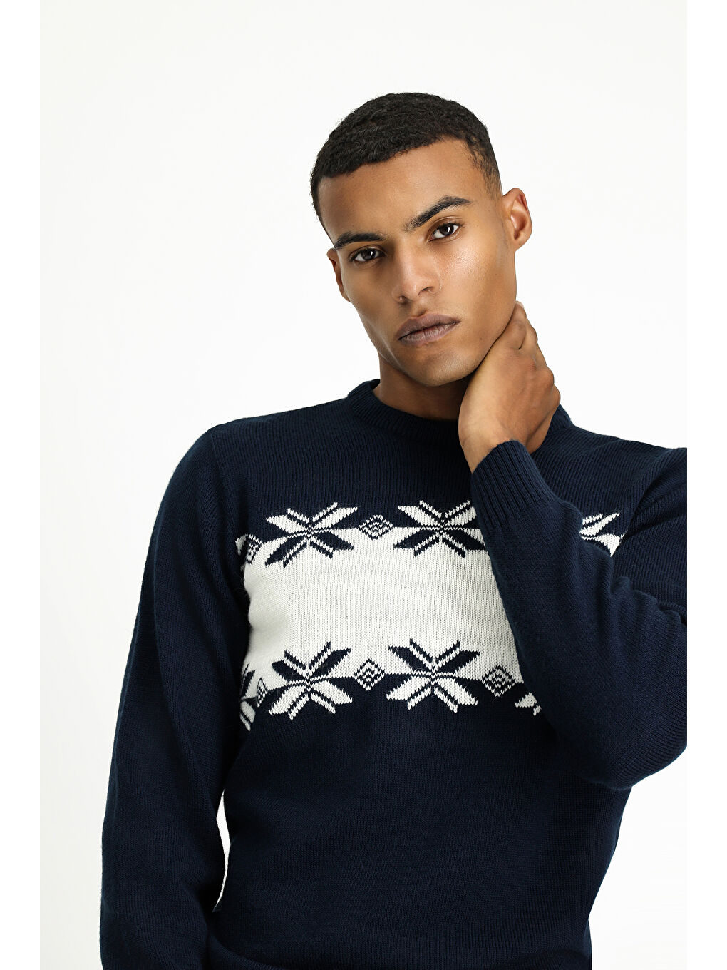 Lacivert Bisiklet Yaka Regular Fit Desenli Triko Kazak-2