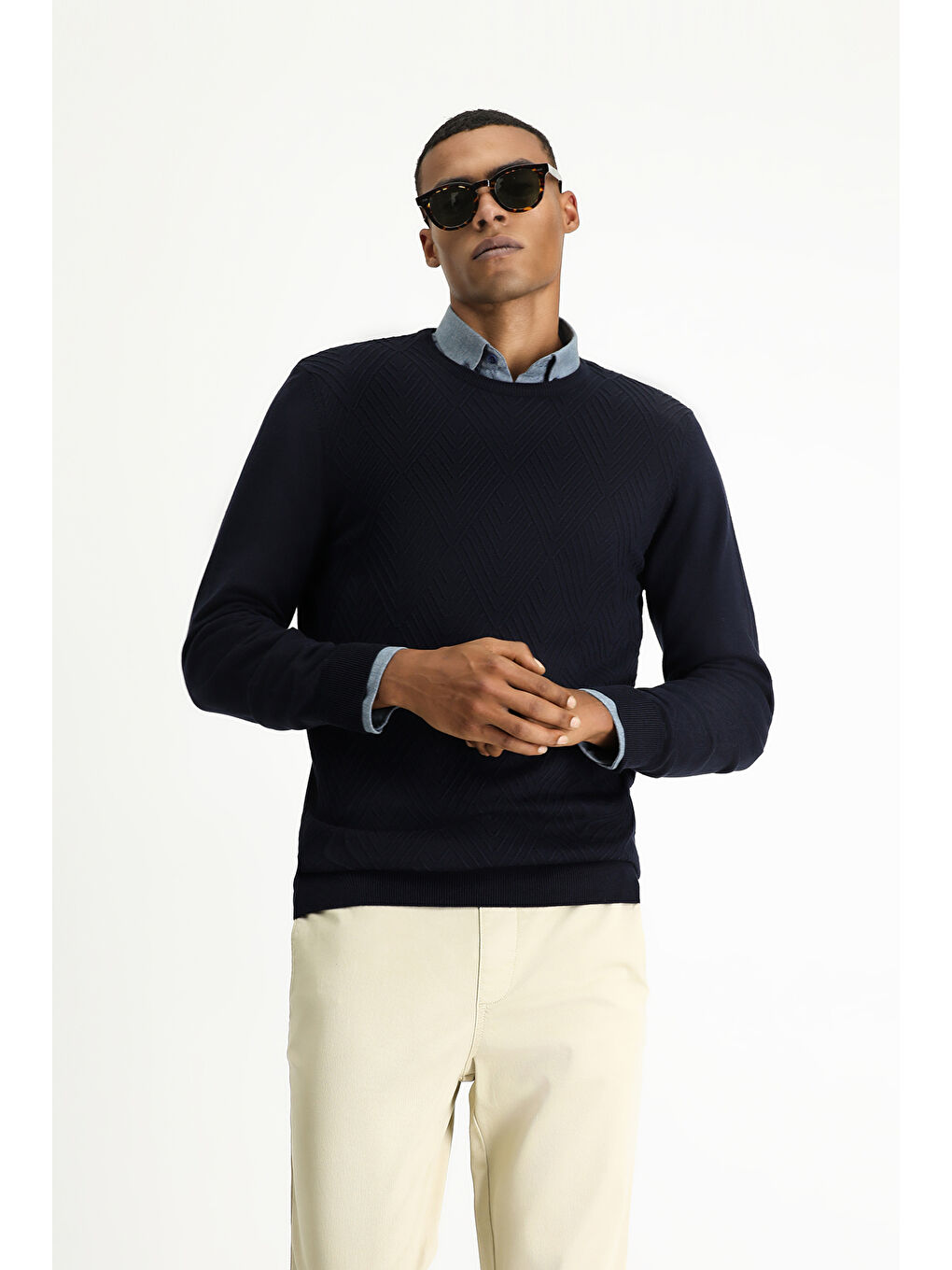 Lacivert Bisiklet Yaka Slim Fit Dar Kesim Desenli Pamuklu Triko Büyük Beden Kazak