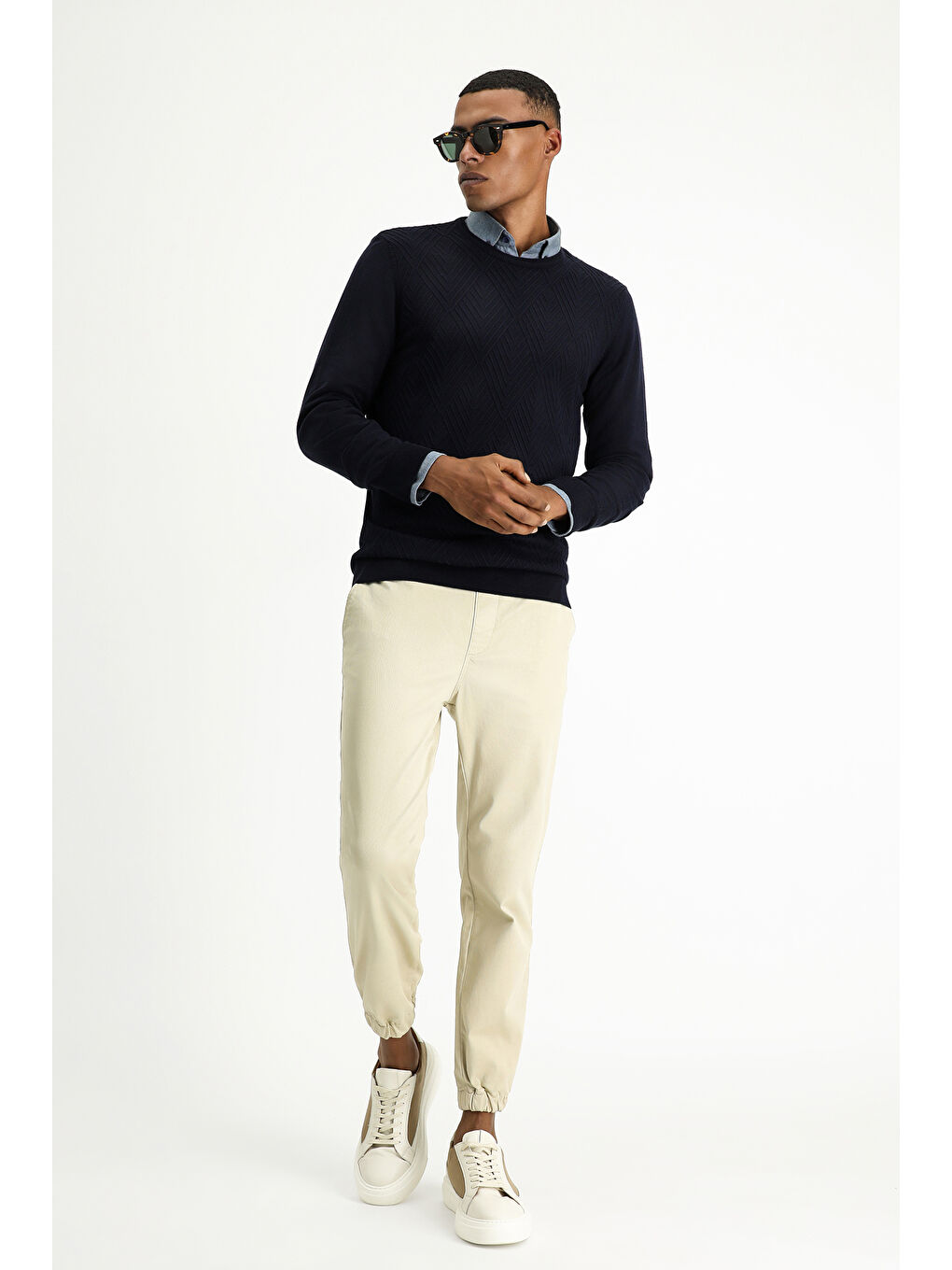 Lacivert Bisiklet Yaka Slim Fit Dar Kesim Desenli Pamuklu Triko Büyük Beden Kazak-1