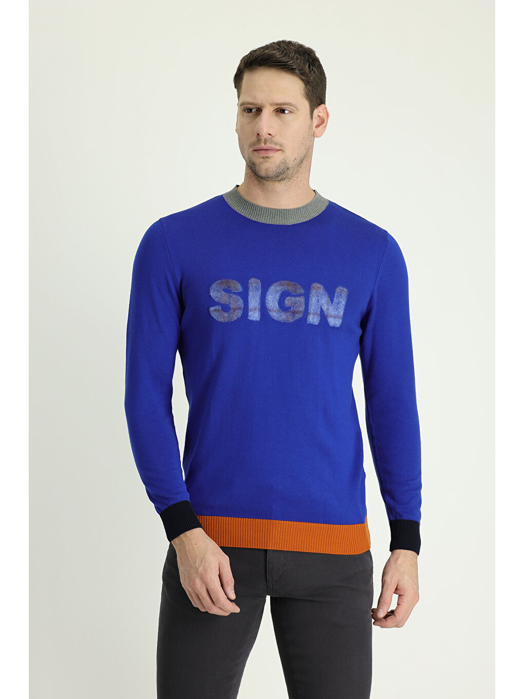 Mavi Bisiklet Yaka Slim Fit Dar Kesim Desenli Pamuklu Triko Kazak-1