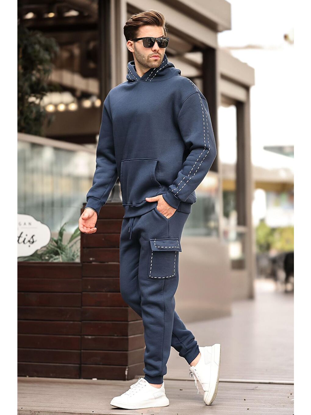 Lacivert Erkek Kapüşonlu Paçası Lastikli Eşofman Takımı 5957-1