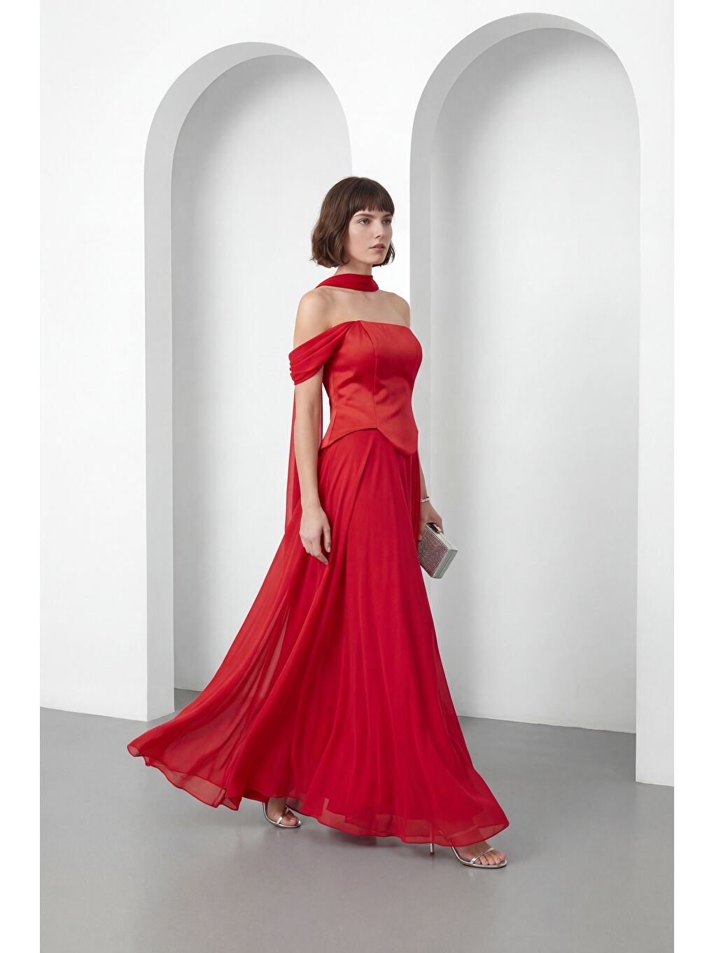 Kadın Kırmızı Şal Yaka Straplez Söz Nişan Abiye Elbise-1