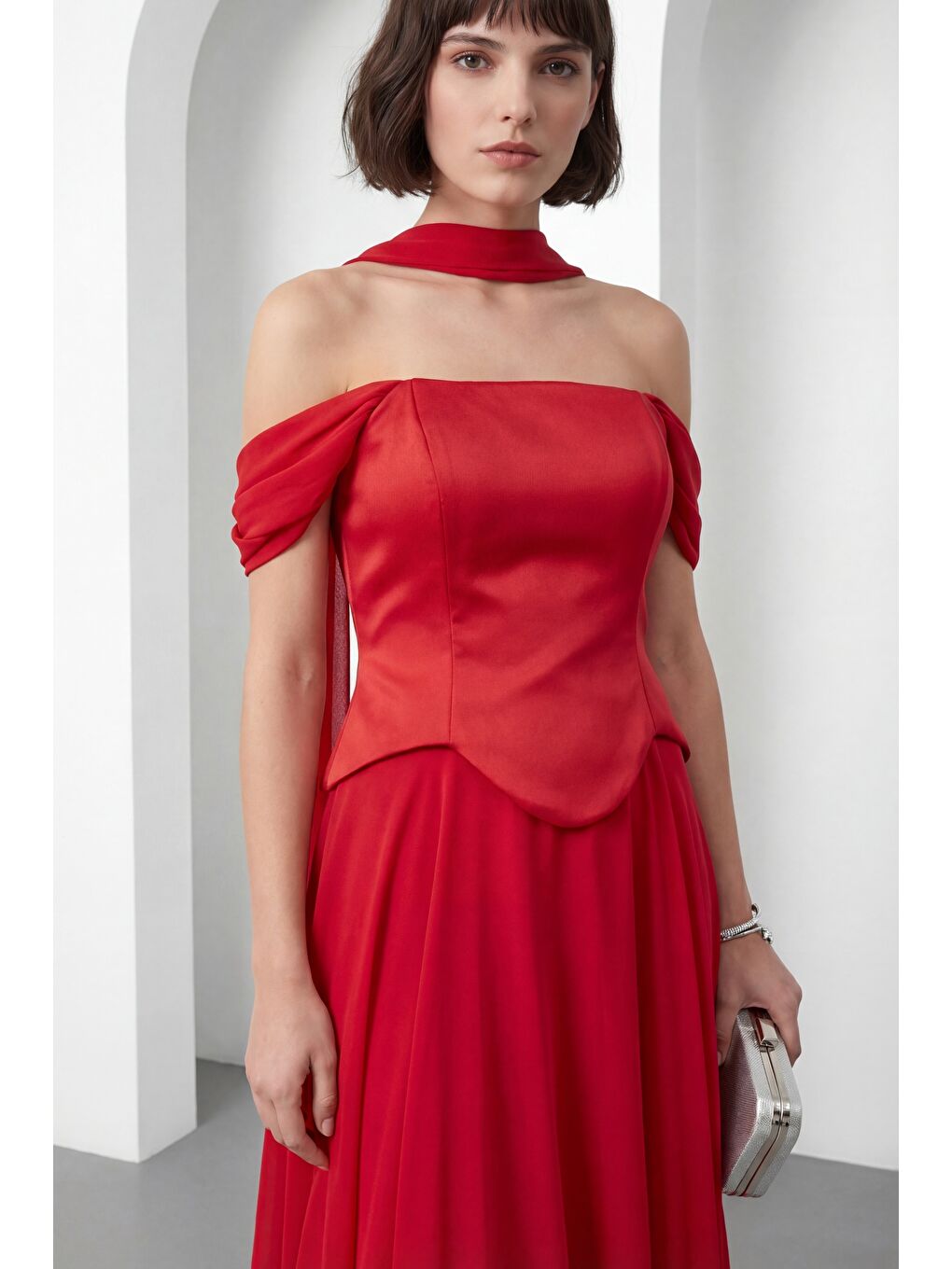 Kadın Kırmızı Şal Yaka Straplez Söz Nişan Abiye Elbise-2