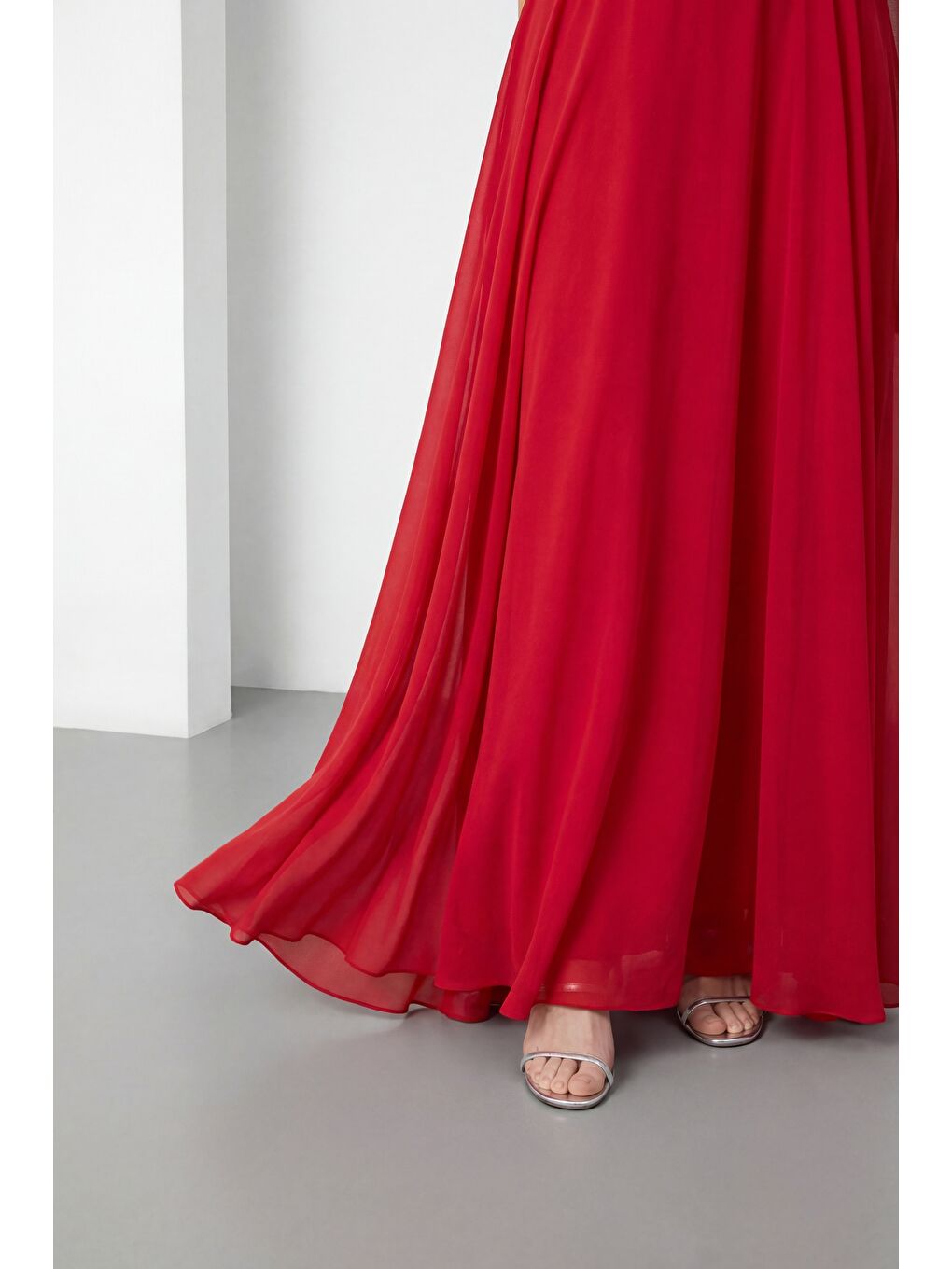 Kadın Kırmızı Şal Yaka Straplez Söz Nişan Abiye Elbise-3