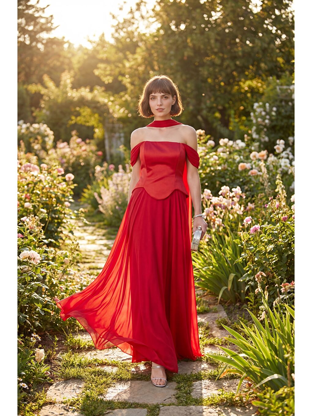 Kadın Kırmızı Şal Yaka Straplez Söz Nişan Abiye Elbise-4