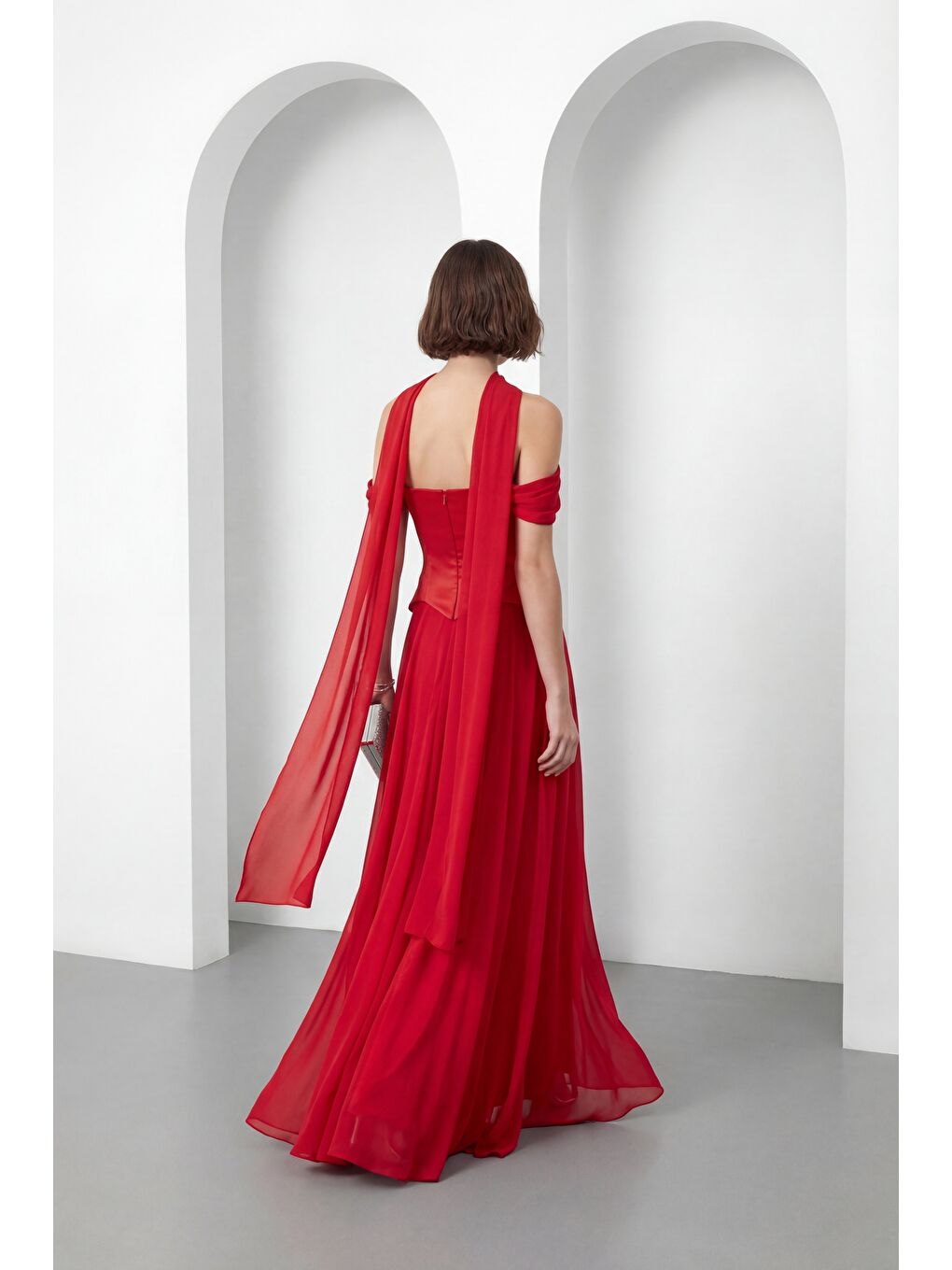 Kadın Kırmızı Şal Yaka Straplez Söz Nişan Abiye Elbise-5