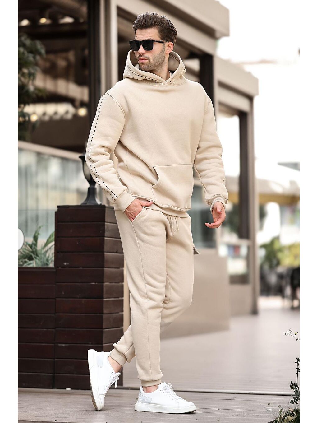 Bej Erkek Kapüşonlu Paçası Lastikli Eşofman Takımı 5957-2