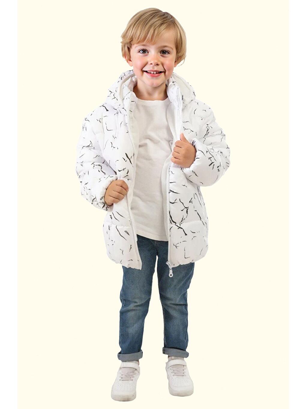 Beyaz Erkek Çocuk Çıkabilir Kapüşonlu Su Ve Rüzgar Geçirmez Kışlık Şişme Mont & Kaban & Parka-1