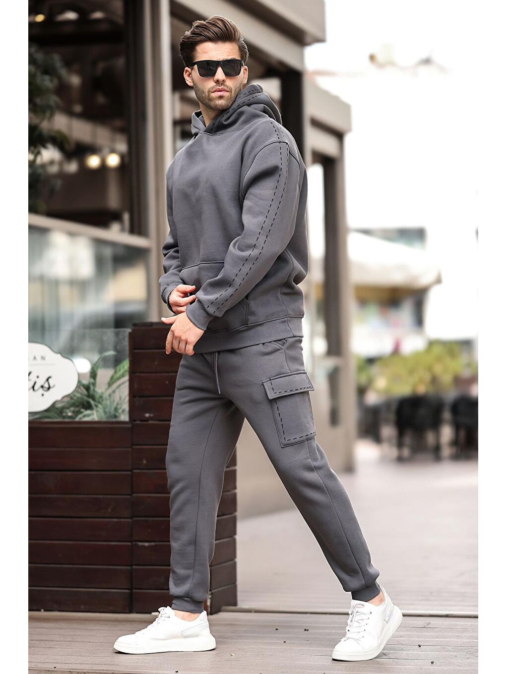 Gri Füme Erkek Kapüşonlu Paçası Lastikli Eşofman Takımı 5957