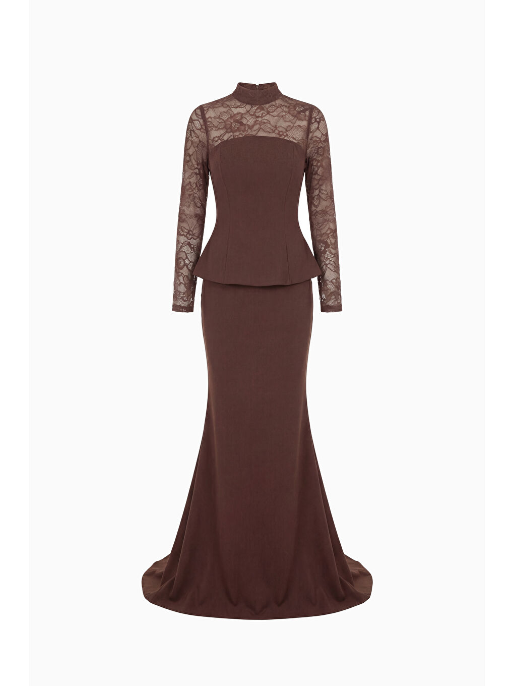 Kadın Kahverengi Dantel Detay Uzun Balık Abiye Elbise-6