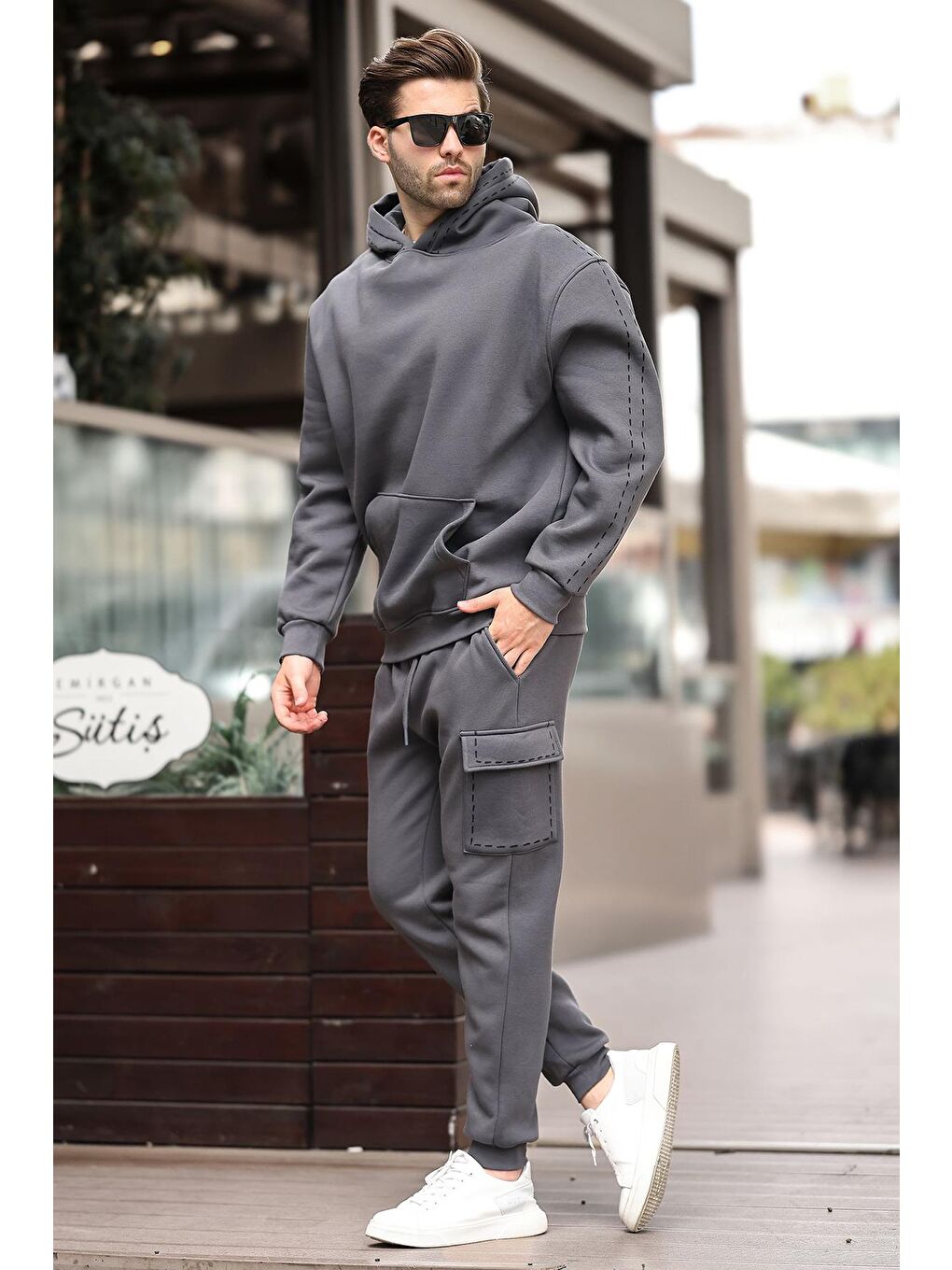 Gri Füme Erkek Kapüşonlu Paçası Lastikli Eşofman Takımı 5957-2