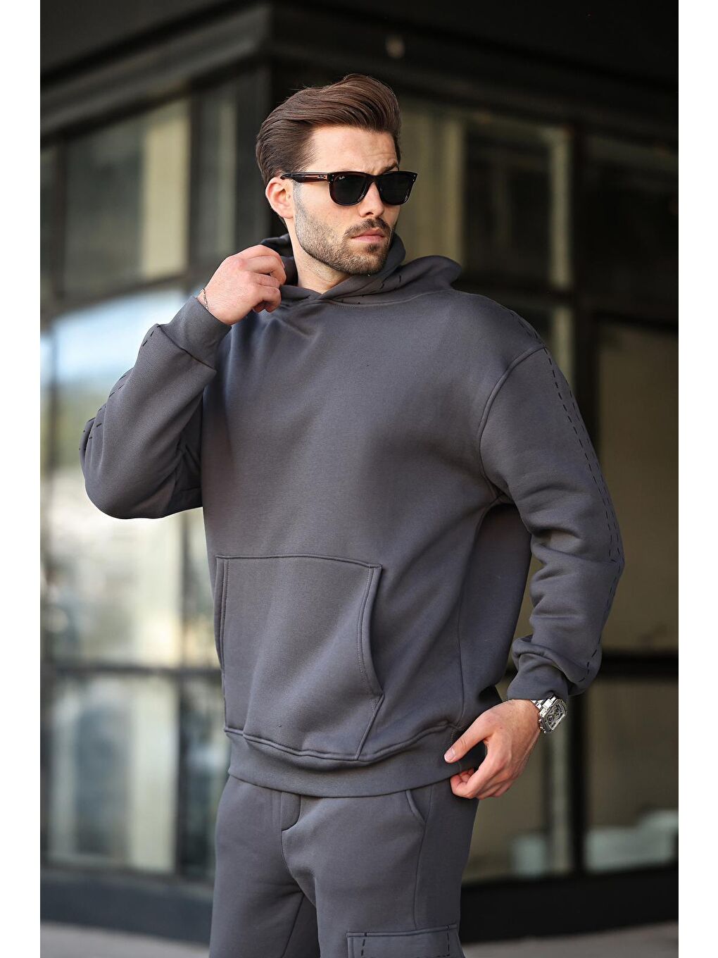 Gri Füme Erkek Kapüşonlu Paçası Lastikli Eşofman Takımı 5957-3
