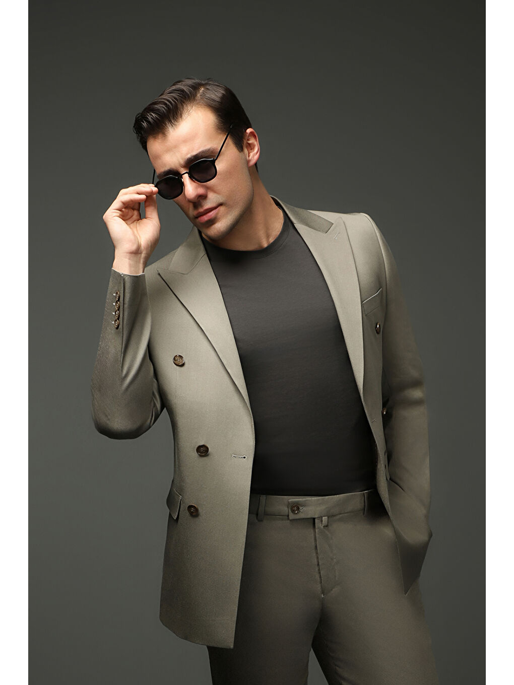 Haki Slim Fit Dar Kesim Pamuklu Lyocell Kruvaze Takım Elbise-2