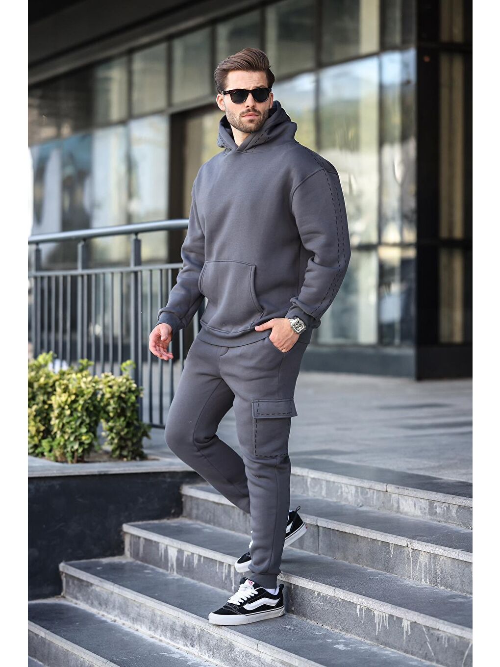 Gri Füme Erkek Kapüşonlu Paçası Lastikli Eşofman Takımı 5957-4