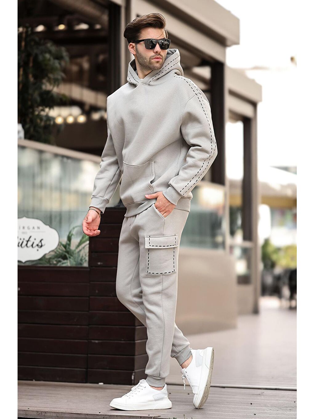 Boyalı Gri Erkek Kapüşonlu Paçası Lastikli Eşofman Takımı 5957-1