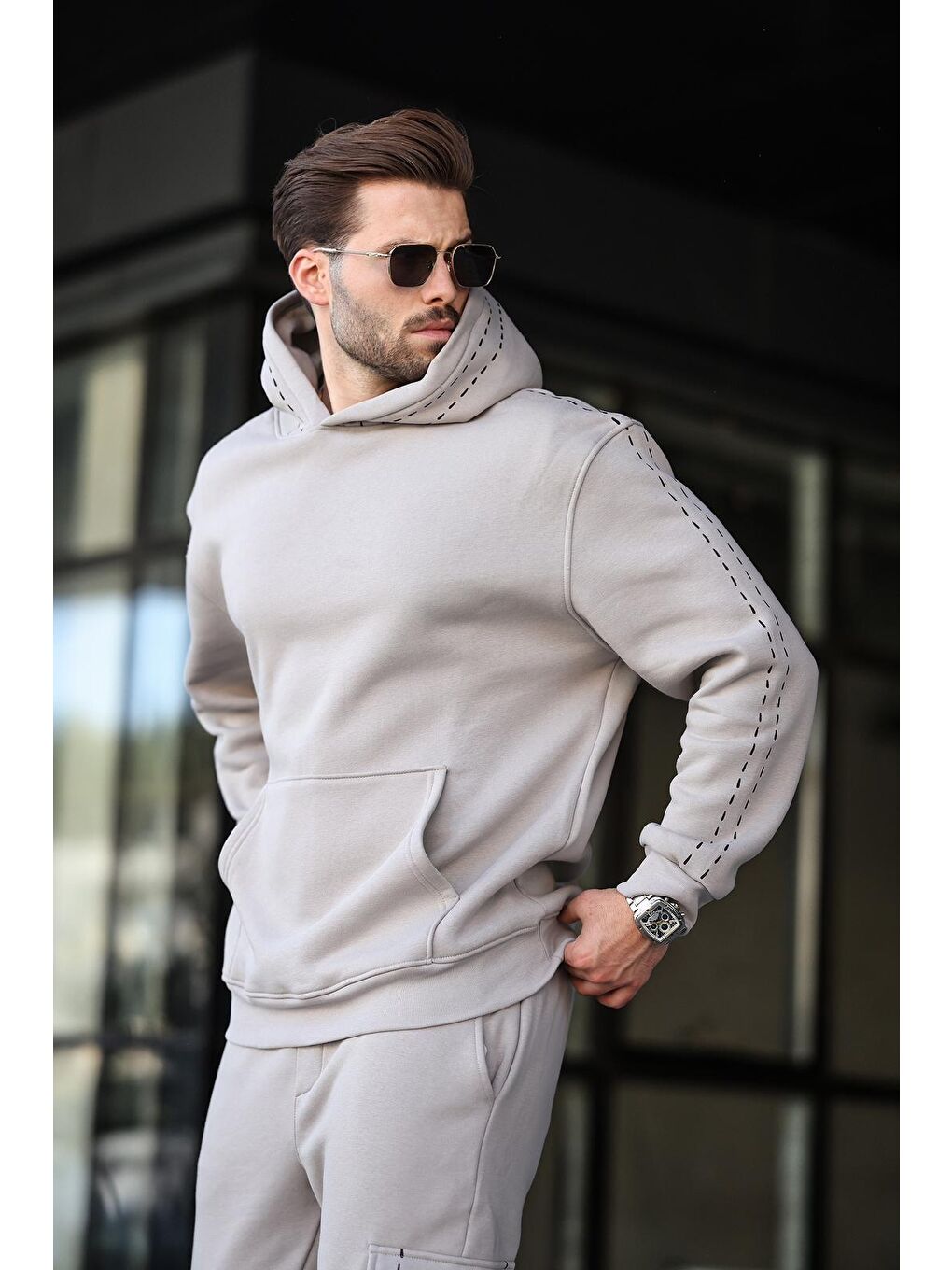 Boyalı Gri Erkek Kapüşonlu Paçası Lastikli Eşofman Takımı 5957-2