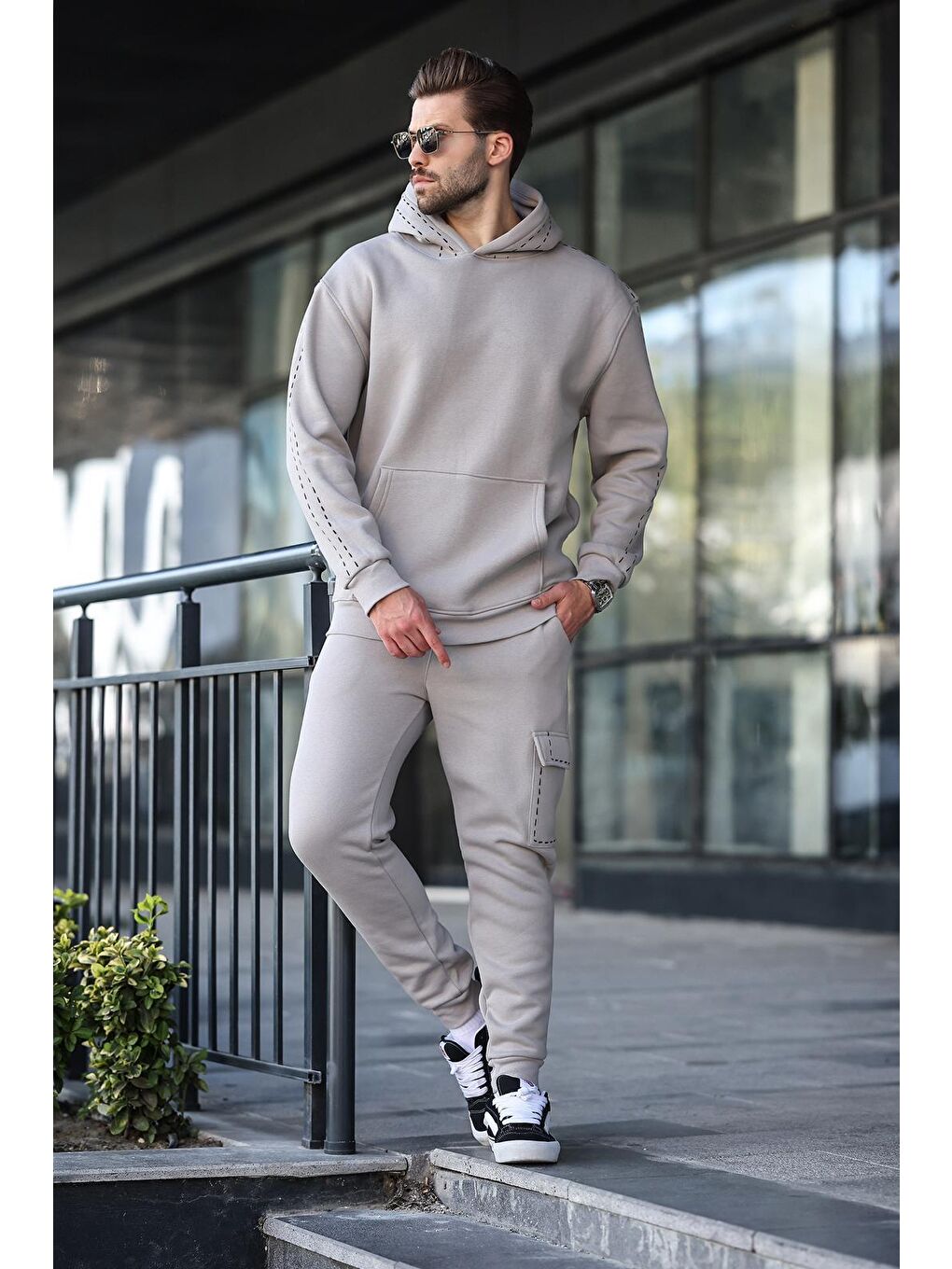 Boyalı Gri Erkek Kapüşonlu Paçası Lastikli Eşofman Takımı 5957-3