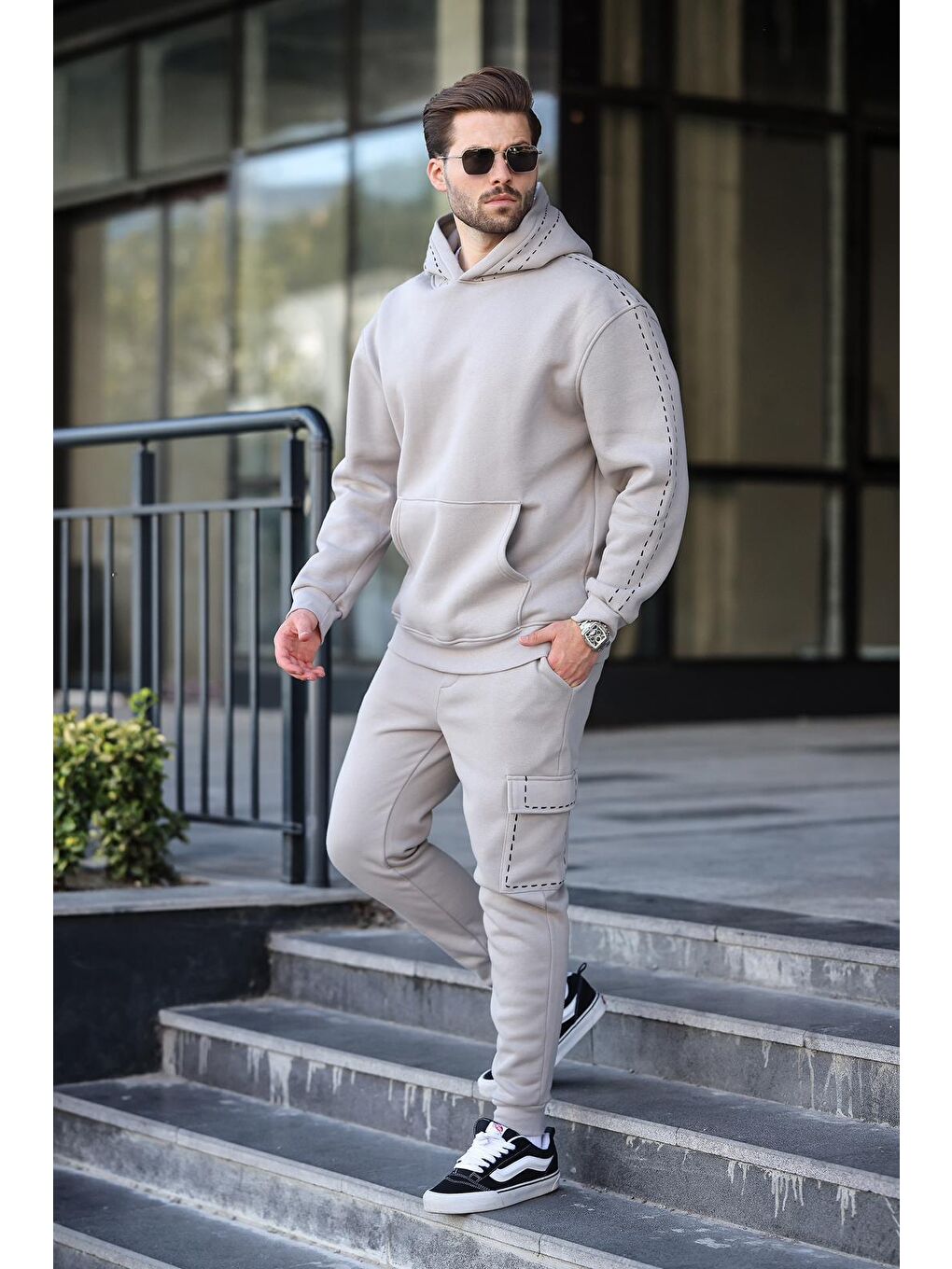 Boyalı Gri Erkek Kapüşonlu Paçası Lastikli Eşofman Takımı 5957-4