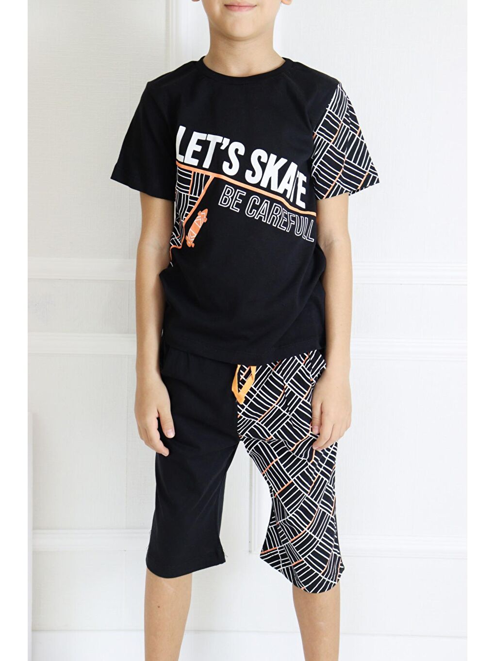 Siyah Erkek Çocuk Lets Skate Baskılı Kısa Kollu Basic Basic Takım 6-9 Yaş-2