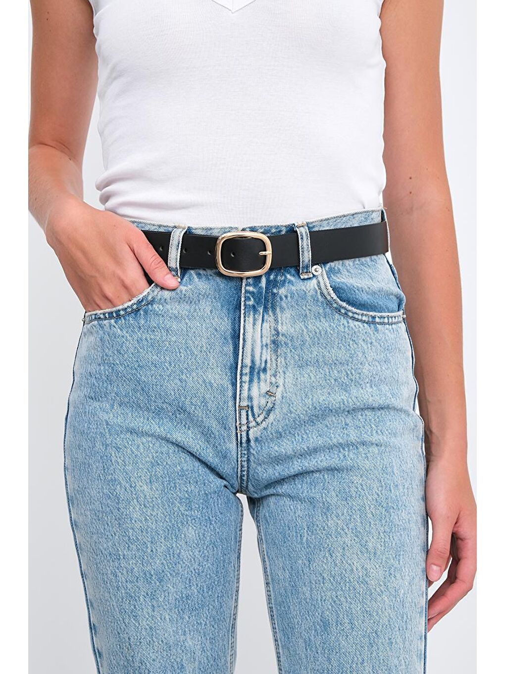 Oval Tokalı Büyük Suni Deri Kemer Siyah-2