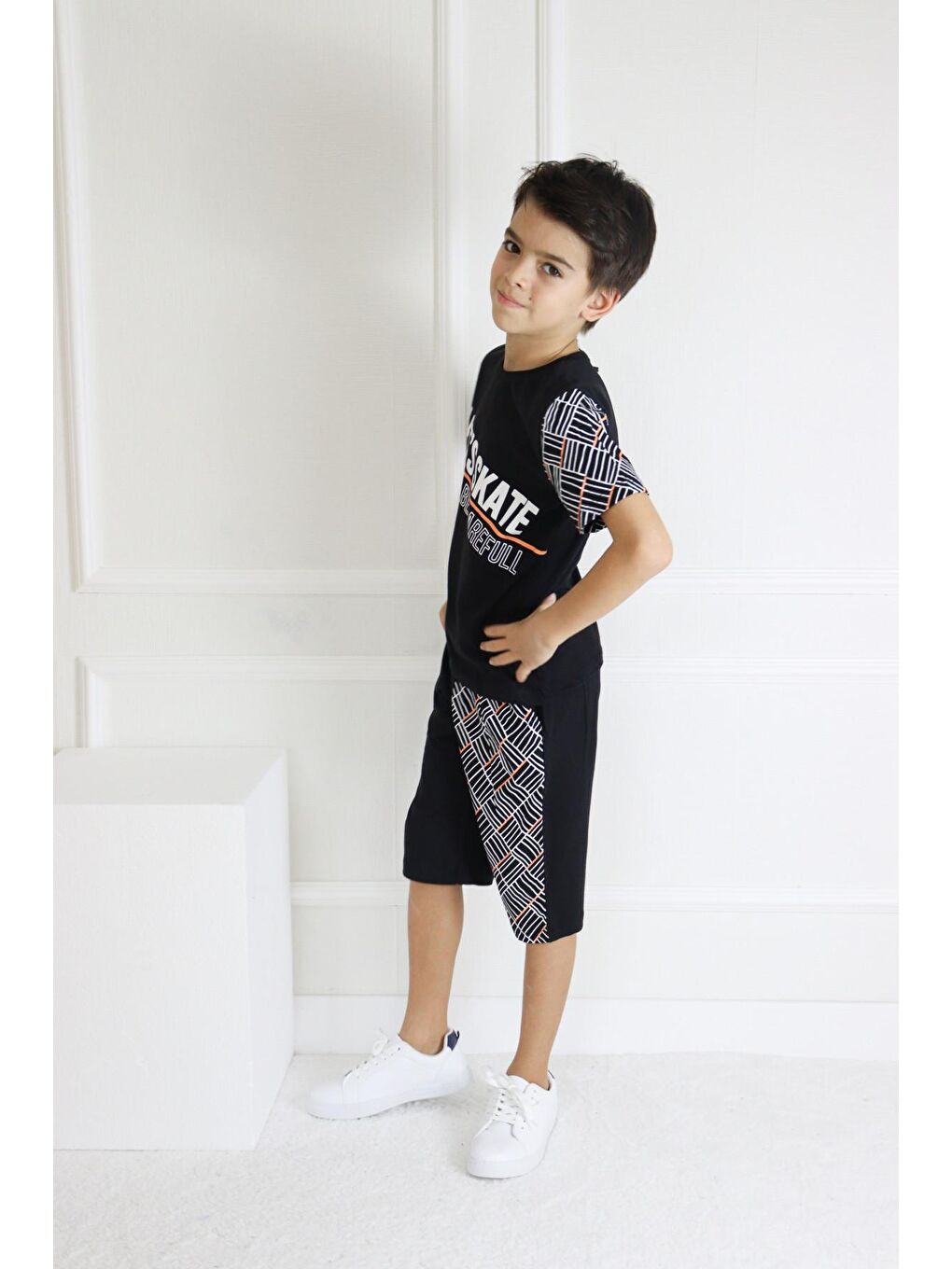Siyah Erkek Çocuk Lets Skate Baskılı Kısa Kollu Basic Basic Takım 6-9 Yaş-3