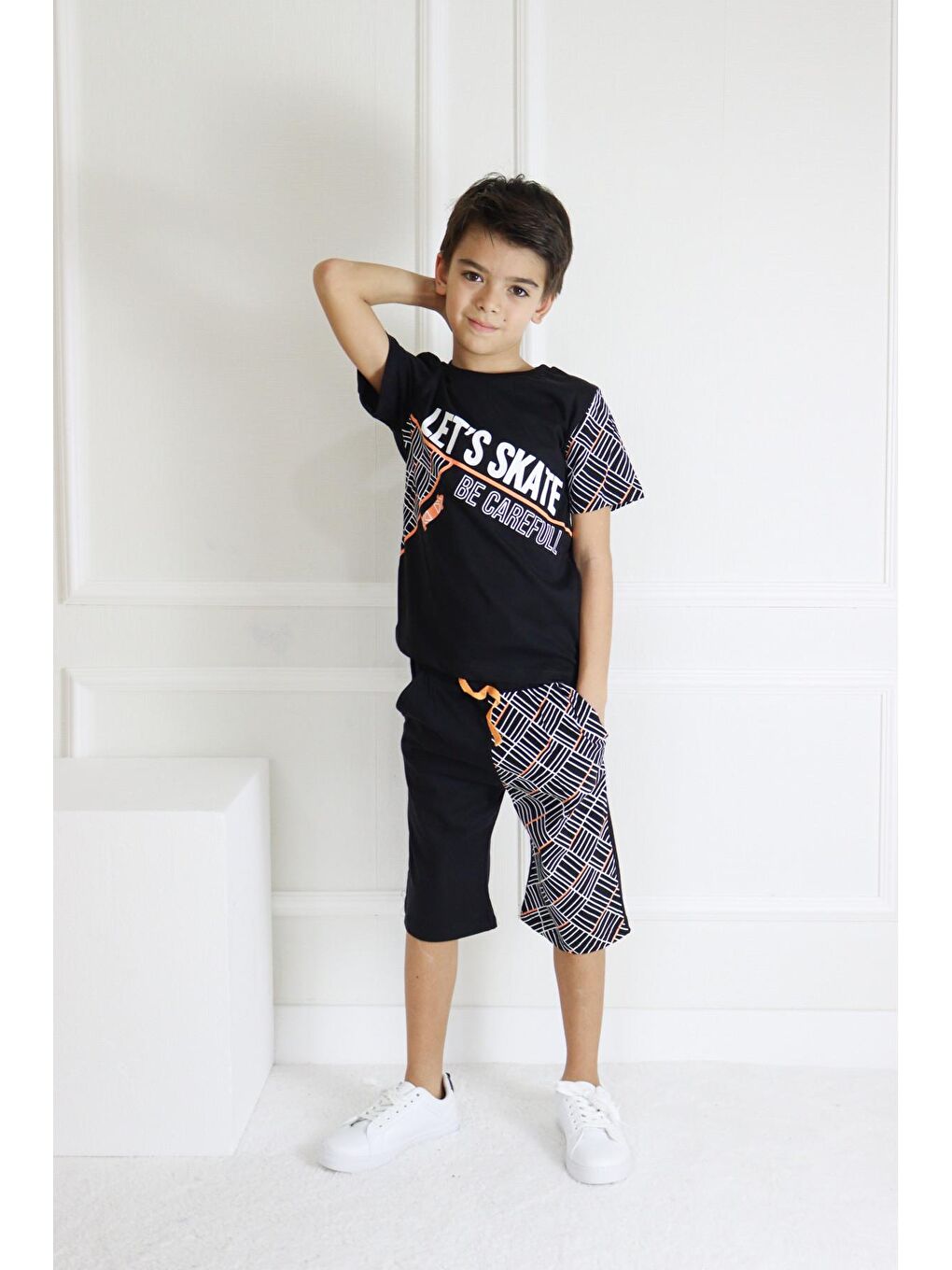 Siyah Erkek Çocuk Lets Skate Baskılı Kısa Kollu Basic Basic Takım 6-9 Yaş-4