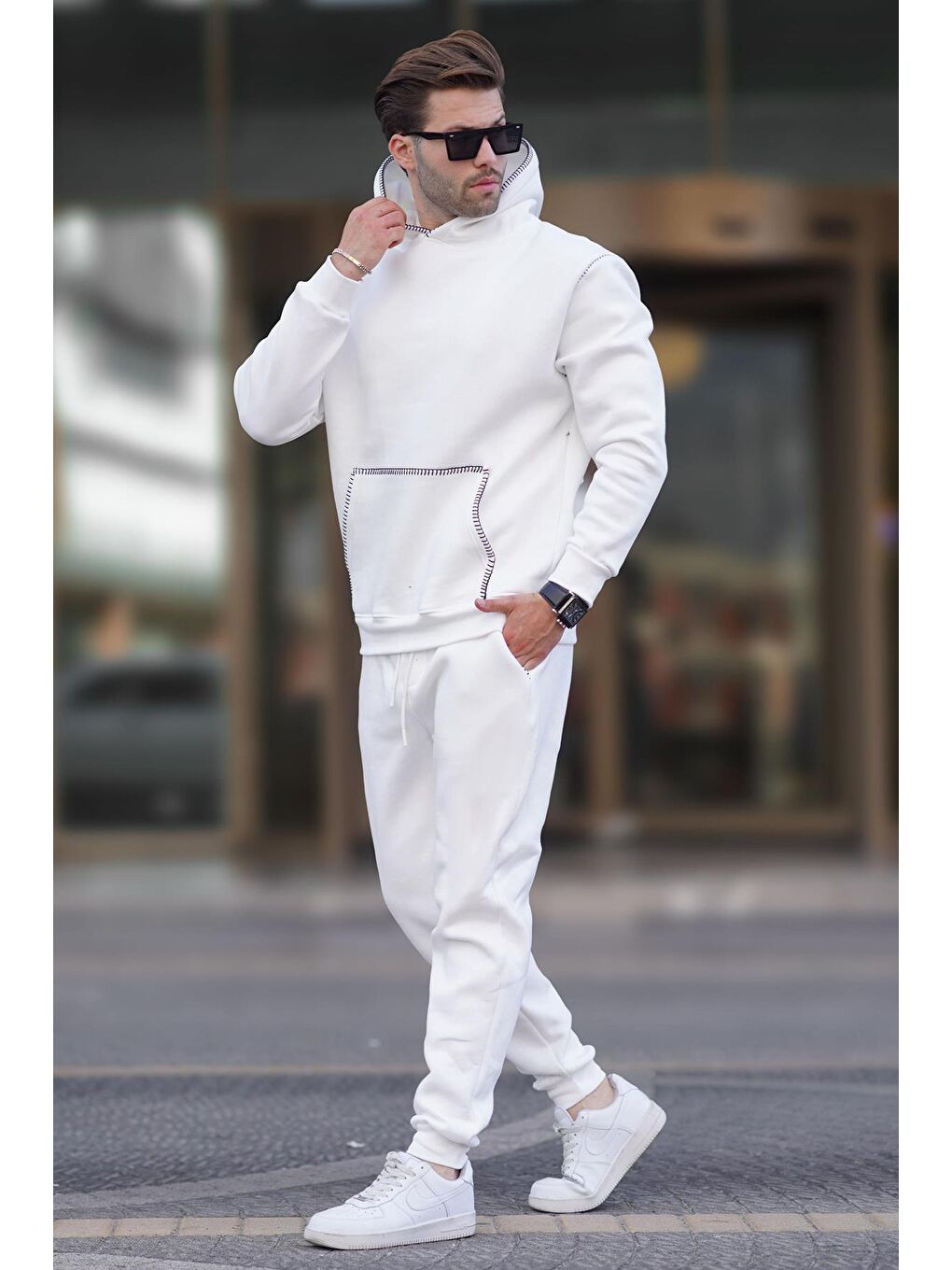 Ekru Erkek Kapüşonlu Paçası Lastikli Eşofman Takımı 7045